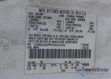 2000 Ford Explorer Xlt z USA, uszkodzony, nr VIN 1FMZU63P9YZA41253